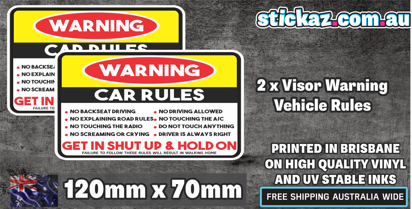 2x Vehicle Rules Visor Warning Sticker Funny Car JDM Truck Humor Hoon 120x70mm